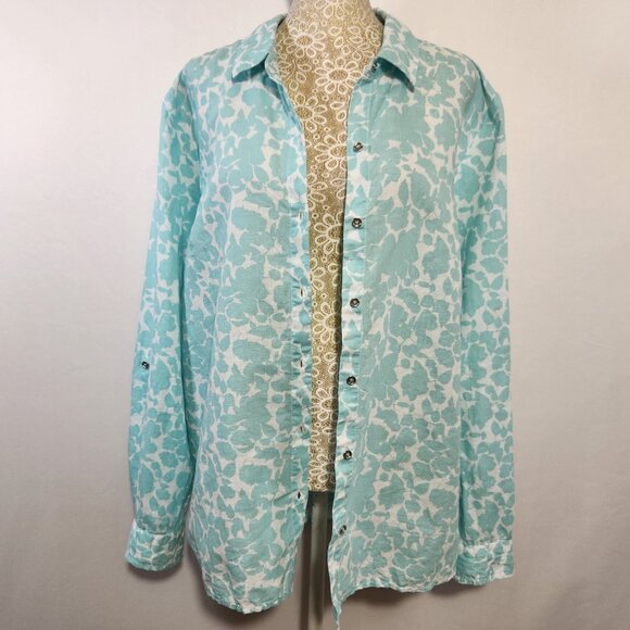 Charter Club Size XL Blue Floral Print Linen Button Down Roll Tab Sleeve Shirt - Picture 2 of 15